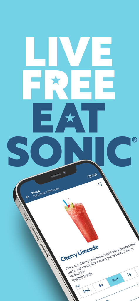 SONIC Drive-In - Order Online - SONIC app interface on a smartphone screen featuring a Cherry Limeade drink order