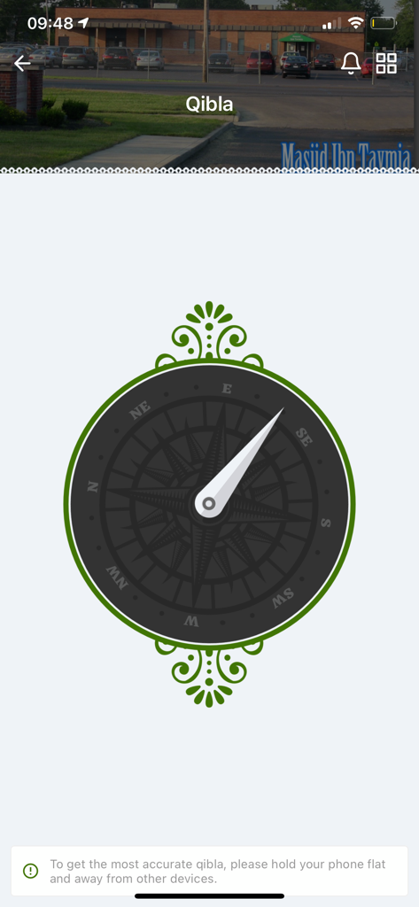 Ibnu Taymiyah Masjid - Qibla compass screen in the Ibnu Taymiyah Masjid app showing the direction for prayer
