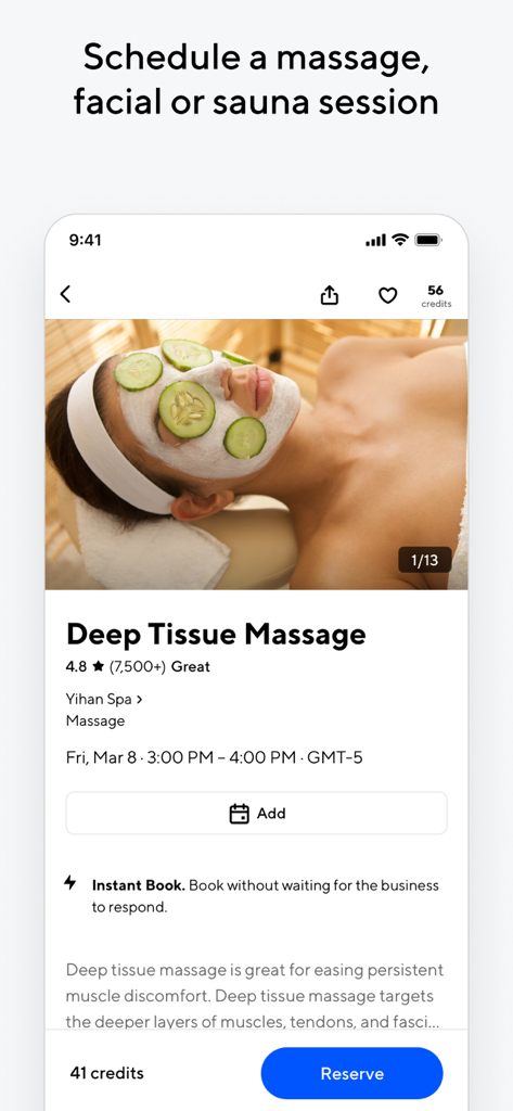 Interfaccia dell'app ClassPass per la prenotazione di un massaggio decontratturante presso una spa.