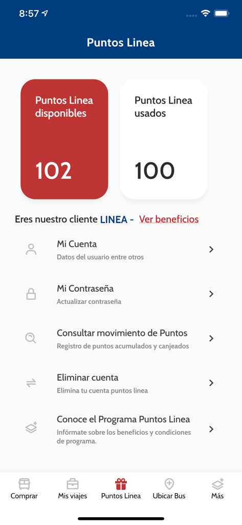 Linea bus app points dashboard showing available loyalty points and account management options