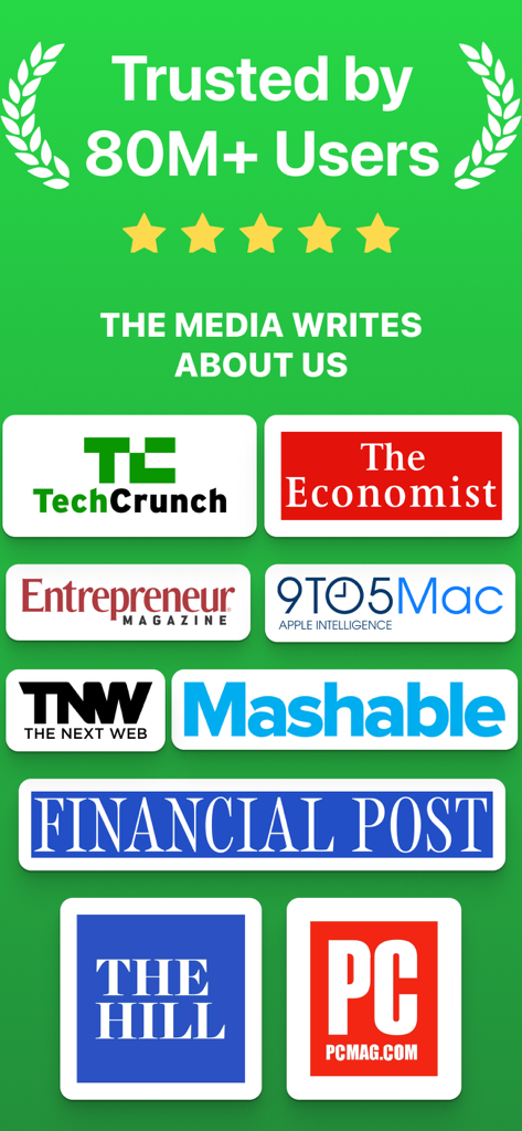 Dual Messenger For WA Account - Pantalla promocional que muestra más de 80 millones de usuarios y menciones en medios de TechCrunch, The Economist y Mashable.