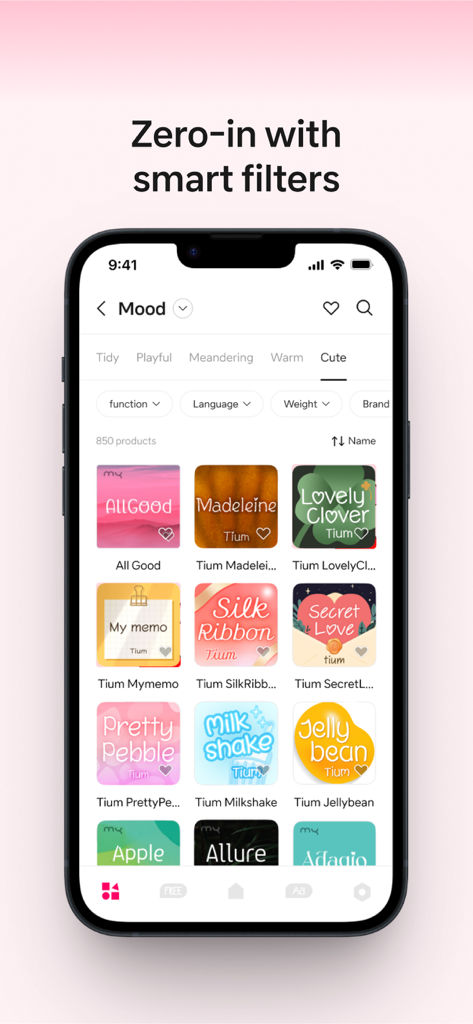 Bakey: fonts market - Une interface d'application mobile montrant une grille de diverses polices esthétiques filtrées par la catégorie mignonne
