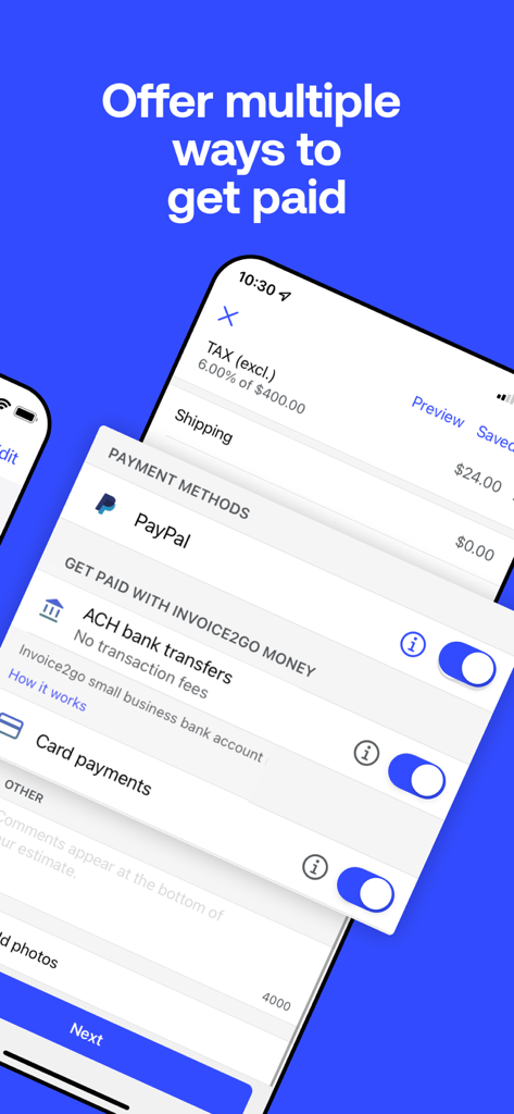Invoice2go: Easy Invoice Maker - Invoice2go app interface displaying multiple payment methods like PayPal and ACH bank transfers