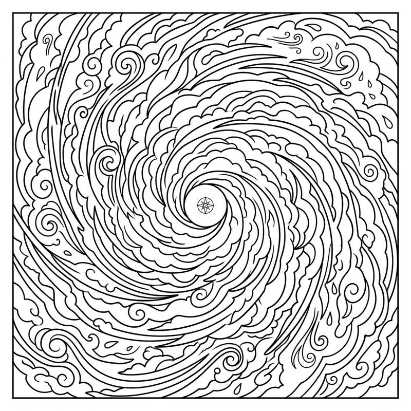 Explore the mesmerizing patterns of a hurricane's eye with this detailed coloring page, featuring intricate spiraling clouds and a calm center. It's a unique journey into the powerful beauty of nature, perfect for a focused coloring session.