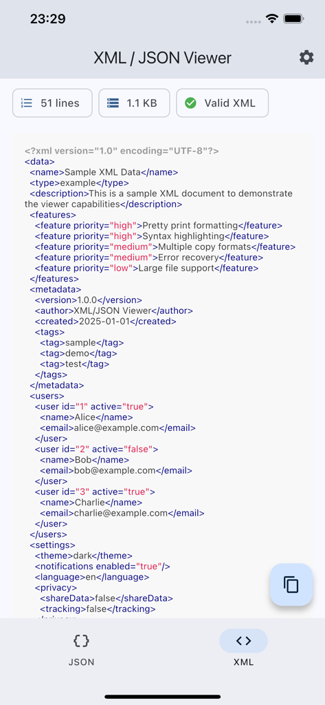 XML / JSON Viewer - iPhone screen showing the XML and JSON Viewer app displaying formatted XML code with syntax highlighting