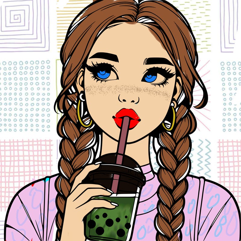 realistic girl with braided hair drinking boba