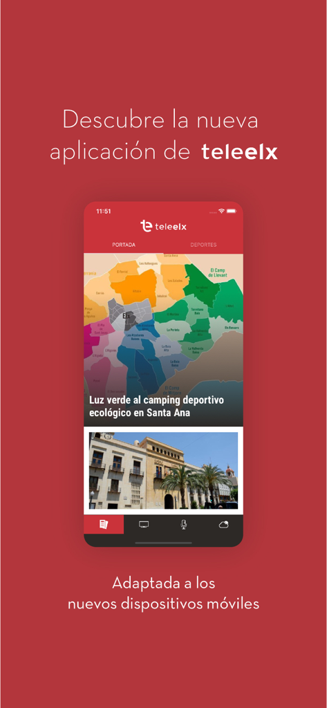 Interfaz de la app móvil TeleElx mostrando noticias locales de Elche