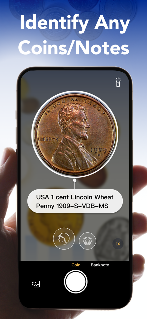 HeritCoin app identifying a rare 1909 Lincoln Wheat Penny using AI camera technology