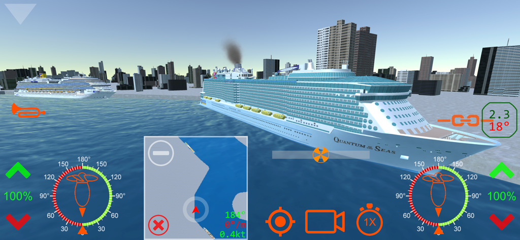 Cruise Ship Handling - A cruise ship maneuvering in a harbor with realistic simulator controls and a city background