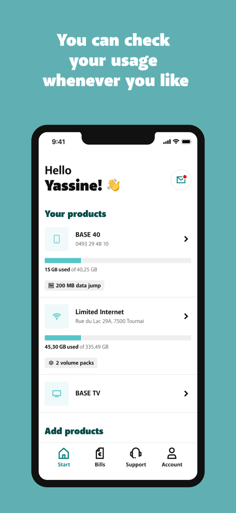 My BASE - L'écran d'accueil de mon application BASE affiche ma consommation de données mobiles et d'Internet pour un compte de télécommunications belge.
