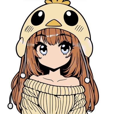 anime girl with chick shaped hat with sweater with bare shoulders with bangs covering them one eye with low tail