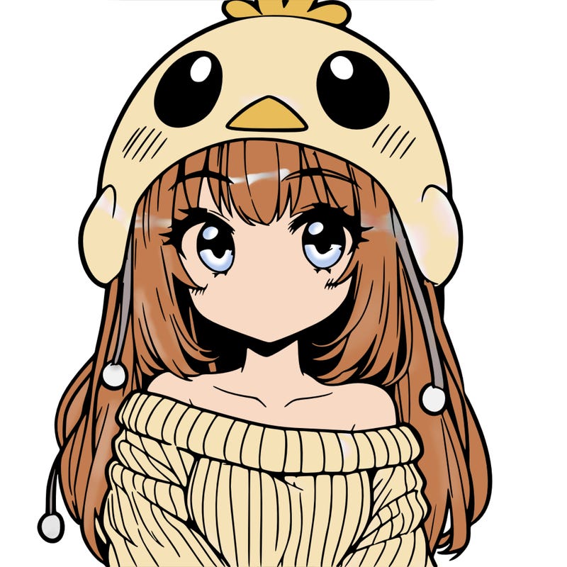 anime girl with chick shaped hat with sweater with bare shoulders with bangs covering them one eye with low tail