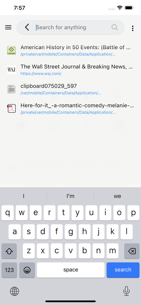 AI Read Aloud Text To Speech - Search screen of the AI Read Aloud app displaying a list of ePub PDF and web documents