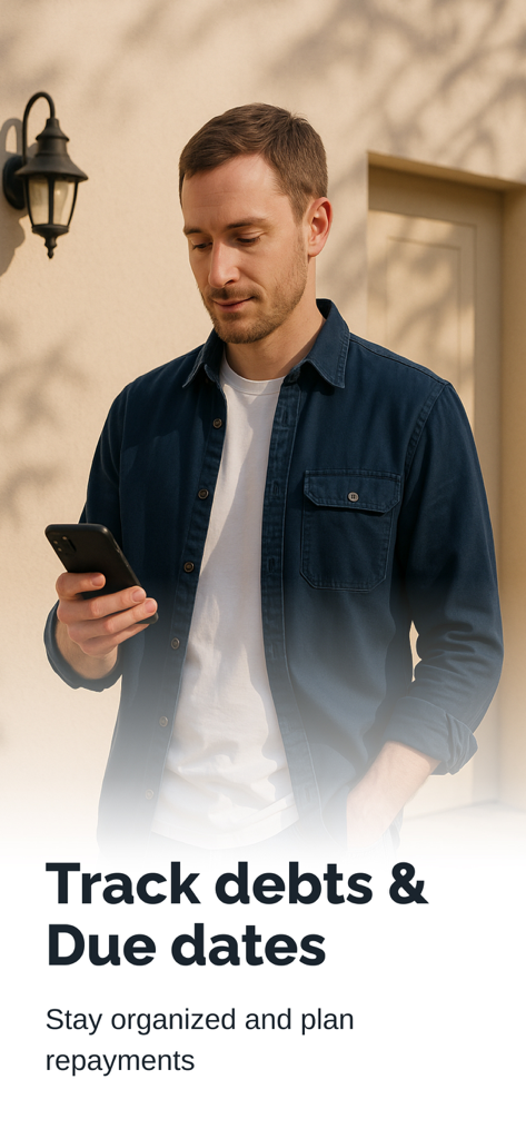 Ein Mann benutzt ein Handy, um Schulden zu verfolgen und Zahlungsfälligkeitstermine zu verwalten