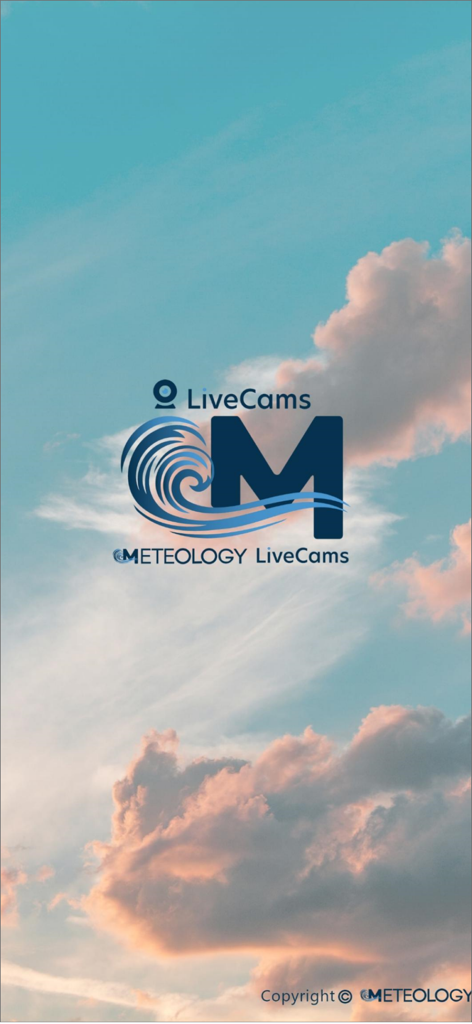 Meteology PRO - Meteology PRO app splash screen featuring the logo with a stylized wave and letter M against a blue sky background with clouds.