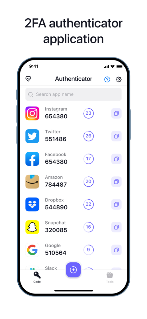 Interface d'une application d'authentification affichant des codes d'authentification à deux facteurs pour divers comptes en ligne.