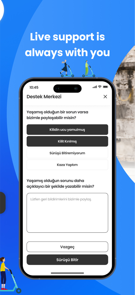 BinBin Scooters - BinBin Scooters app live support screen showing the customer service interface for user assistance