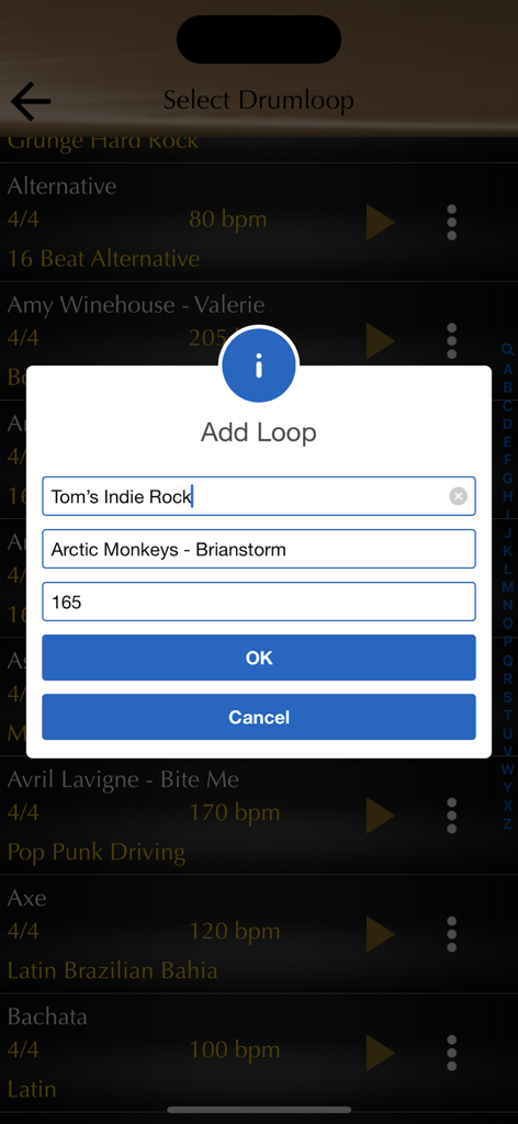 Add Loop popup in the Drum Loops and Metronome app for creating custom drum tracks