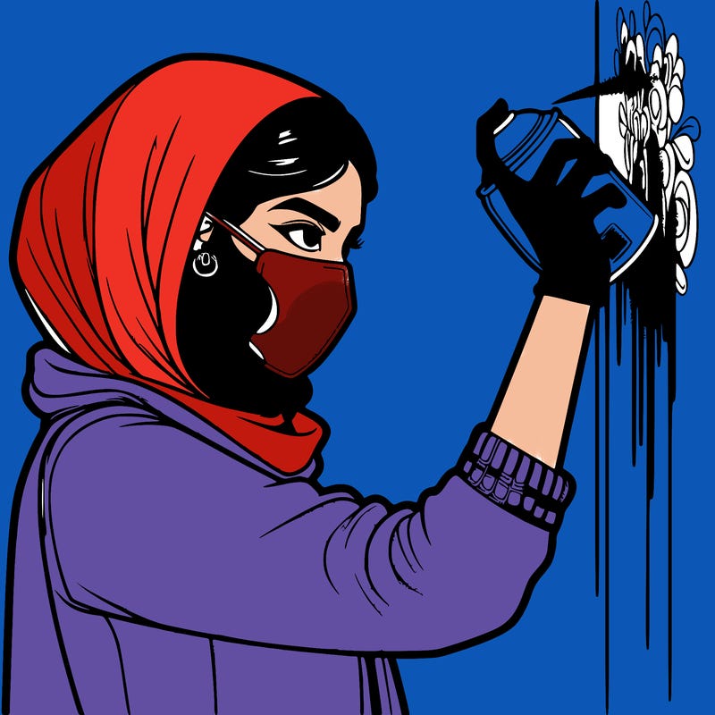 realistic girl with mask spray painting a wall