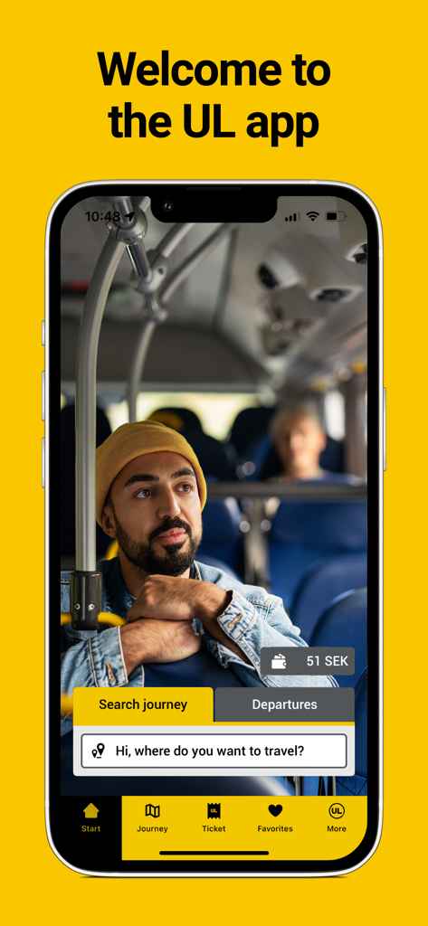 Startbildschirm der UL-App, der einen Fahrgast in einem Bus mit Optionen zur Suche nach einer Fahrt oder zur Anzeige von Abfahrten zeigt.