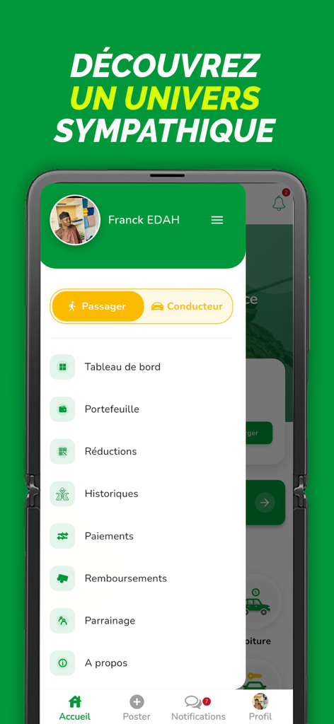 RMobility Afrique - Seitenmenü des Benutzerprofils der RMobility Afrique App mit Dashboard- und Zahlungsoptionen