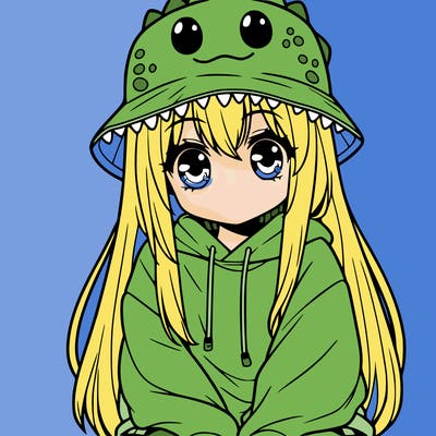 girl with anime shaped eyes with a dinosaur bucket hat oversized sweatshirt long straight hair