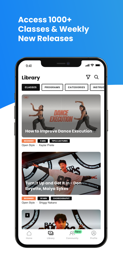 La interfaz de la aplicación STEEZY que muestra una biblioteca de más de 1000 clases de baile con tutoriales para principiantes y coreografía profesional