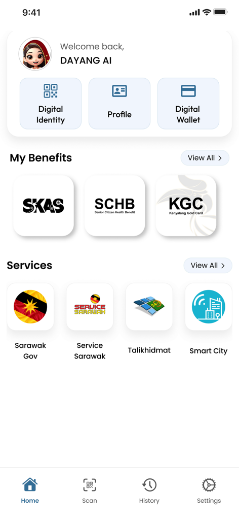 SarawakPass - SarawakPass mobile app home screen showing digital identity and government services