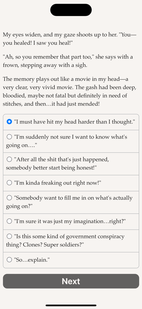 Gameplay screenshot of Wayhaven Chronicles Book One showing text narrative and multiple choice dialogue options