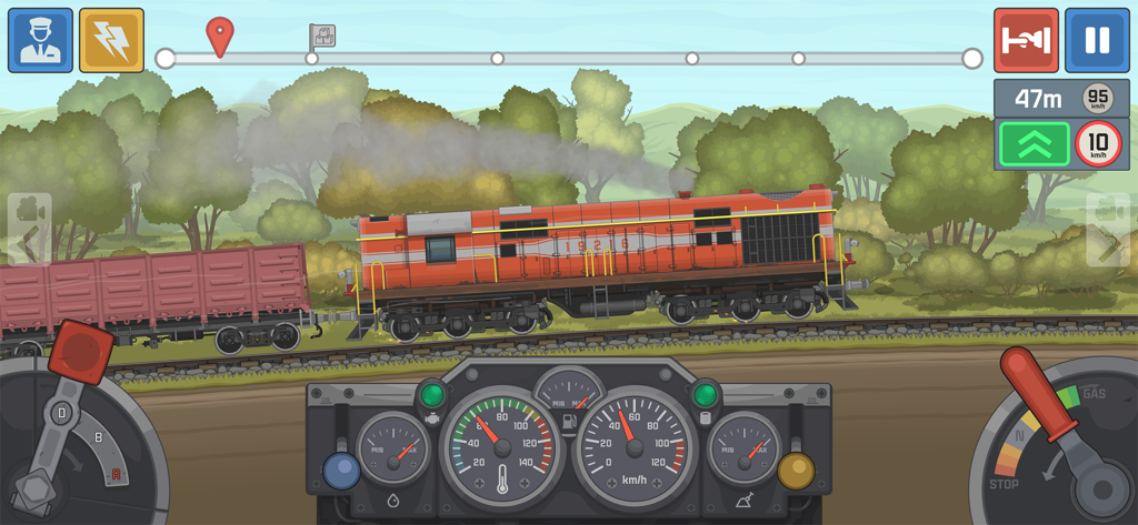 Train Simulator: Railroad Game - Pantalla de juego de Train Simulator mostrando una locomotora diésel y controles del tablero