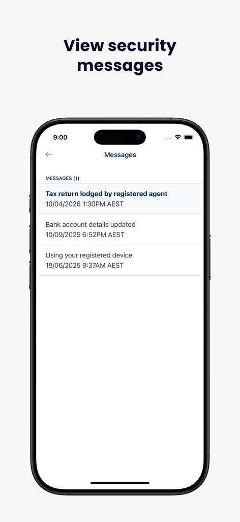Australian Taxation Office - A mobile app screen titled Messages displaying security alerts from the Australian Taxation Office.