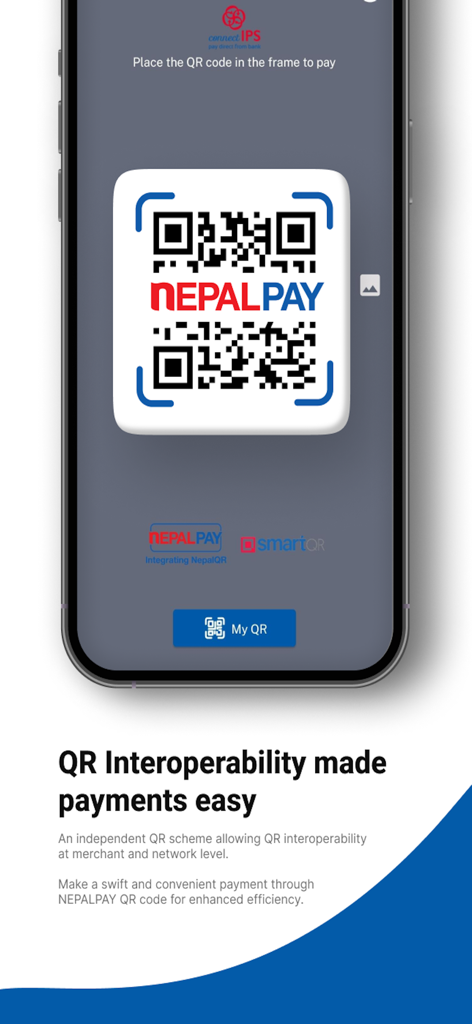 簡単な支払いのためのNEPALPAY QRコードを表示するconnectIPSモバイルアプリ画面