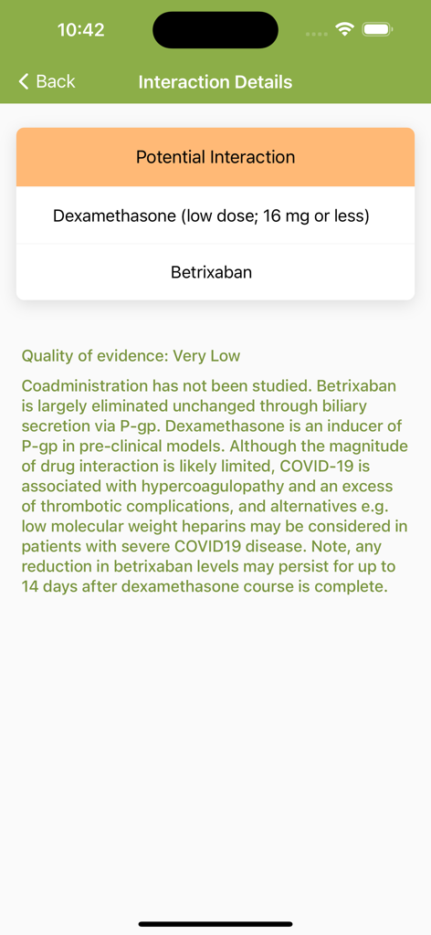 COVID-19 iChart - Medical drug interaction details for Dexamethasone and Betrixaban on COVID-19 iChart