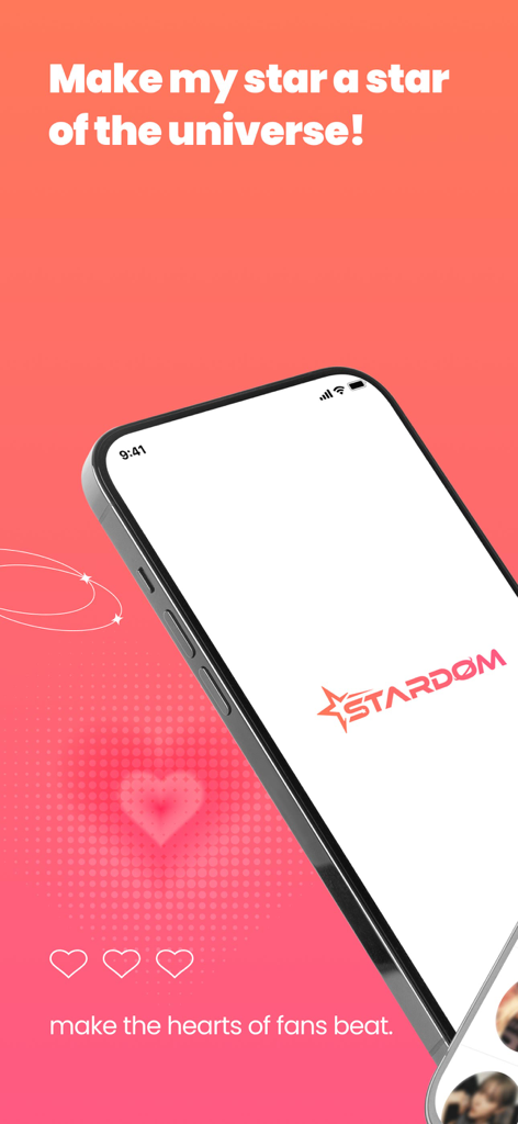 STARDOMアプリの紹介画面。ロゴと、音楽アイドルを応援するためのスローガンが表示されている。