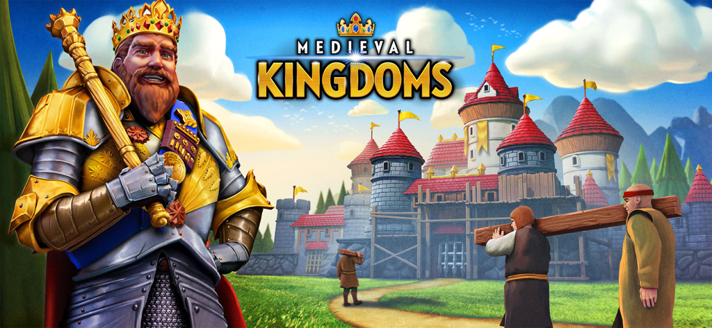 A medieval king in golden armor standing in front of a large castle under construction