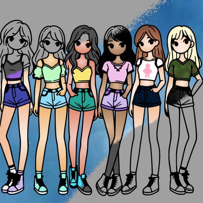 a group of girls wearing crop tops and shorts