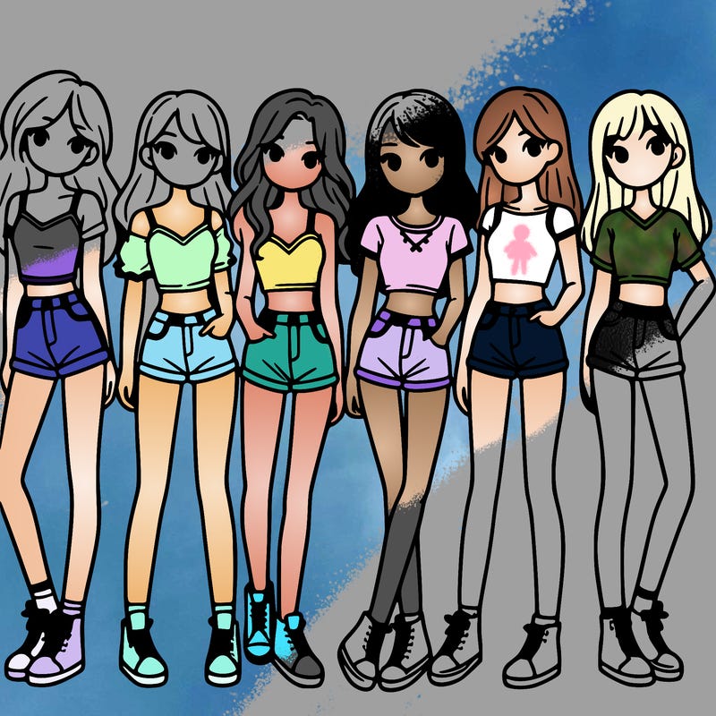 a group of girls wearing crop tops and shorts