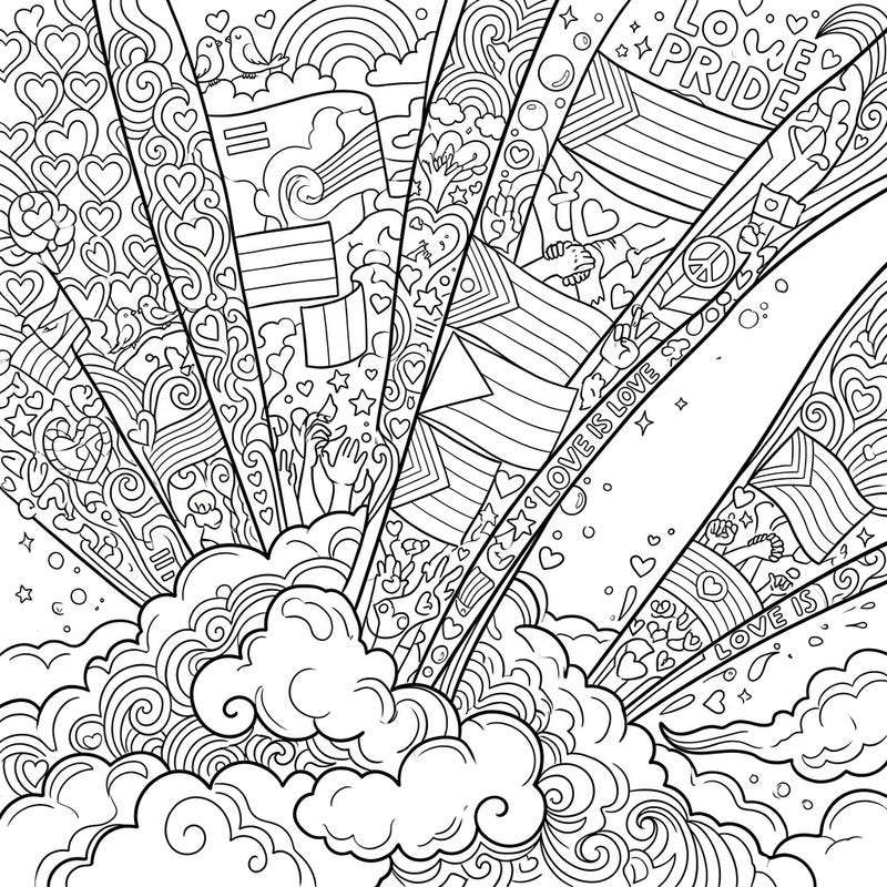 Dive into a vibrant celebration of love and diversity with this stunning Blue Jets x Pride coloring page. Featuring majestic upward bursts filled with intricate Pride flags, hearts, and powerful messages, it's a joyful way to express your creativity.