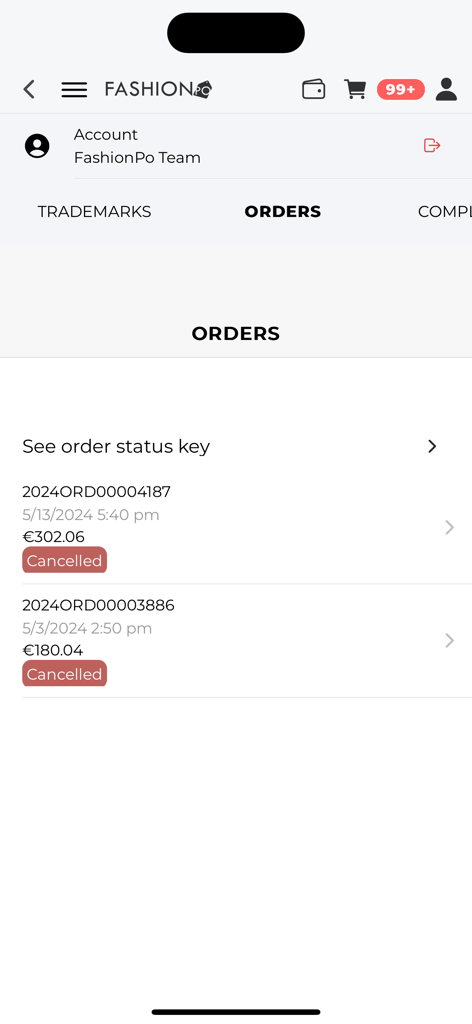 FashionPo - Schermata mobile che mostra la cronologia e lo stato degli ordini all'interno dell'app all'ingrosso di moda B2B FashionPo