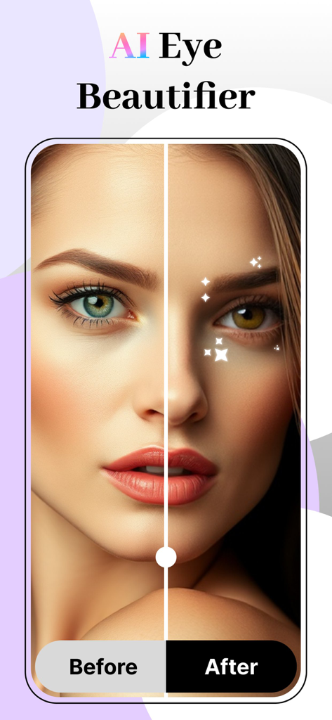 A before and after comparison showing the eye color change and facial enhancement effects of the AI Eye Beautifier app.