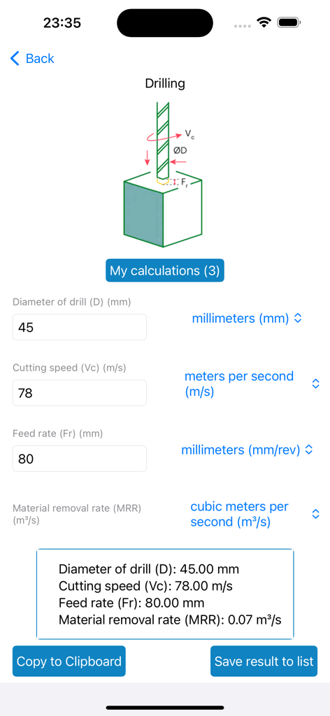 Material Removal Rate - Drilling material removal rate calculator interface for CNC machining