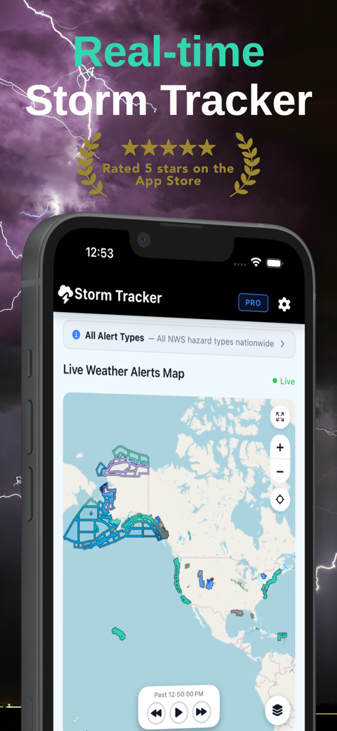 Storm Tracker by WeatherAlerts - Storm Tracker app interface showing real-time weather alerts map and NWS polygon boundaries.