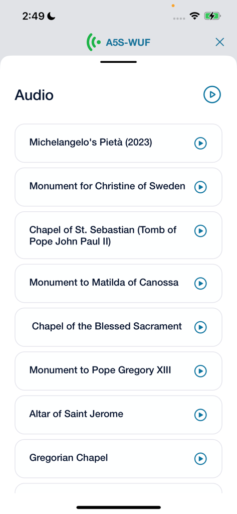 Vox Connect - A list of audio guide tracks in the Vox Connect app for a historical site tour
