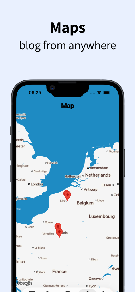 BlogIt - diary, journal, blog - BlogIt app screenshot showing a map with location pins for journal entries and the headline blog from anywhere