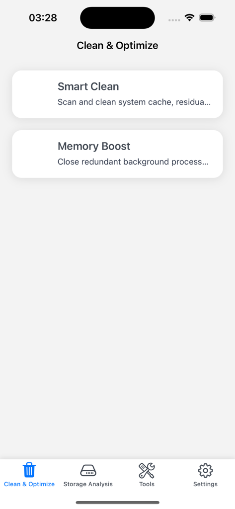 Phone Cleaner-Boost,Storage X - Clean and Optimize interface showing Smart Clean and Memory Boost features