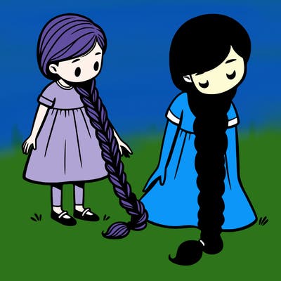 a girl with long braided hair touching down to her feet