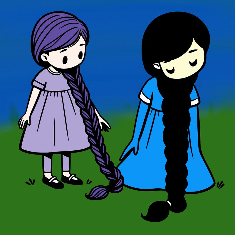 a girl with long braided hair touching down to her feet