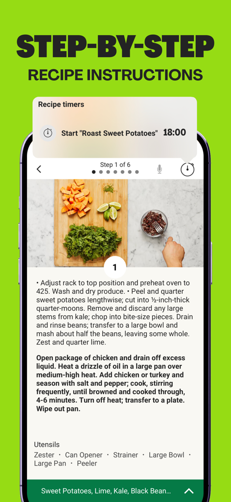 HelloFresh app interface showing step by step recipe instructions and a cooking timer notification