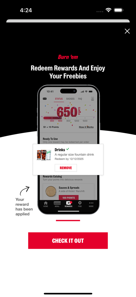 Jimmy Johns App-Oberfläche, die 650 Prämienpunkte und eine kostenlose Getränkeprämie zeigt, die auf eine Bestellung angewendet wird