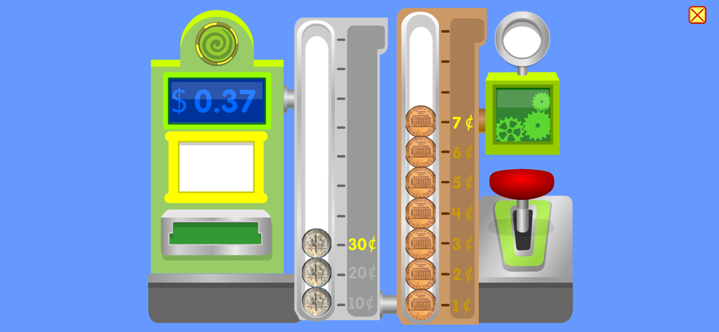 Uma tela de jogo educativo do Starfall Numbers ensinando crianças a contar dimes e pennies dos EUA para atingir trinta e sete centavos